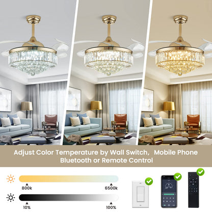 36 in. Indoor Gold Downrod Mount Retractable Crystal Ceiling Fan Chandelier Fandelier with Led Light Kit and Remote