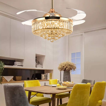 36 in. Indoor Gold Downrod Mount Retractable Crystal Ceiling Fan Chandelier Fandelier with Led Light Kit and Remote