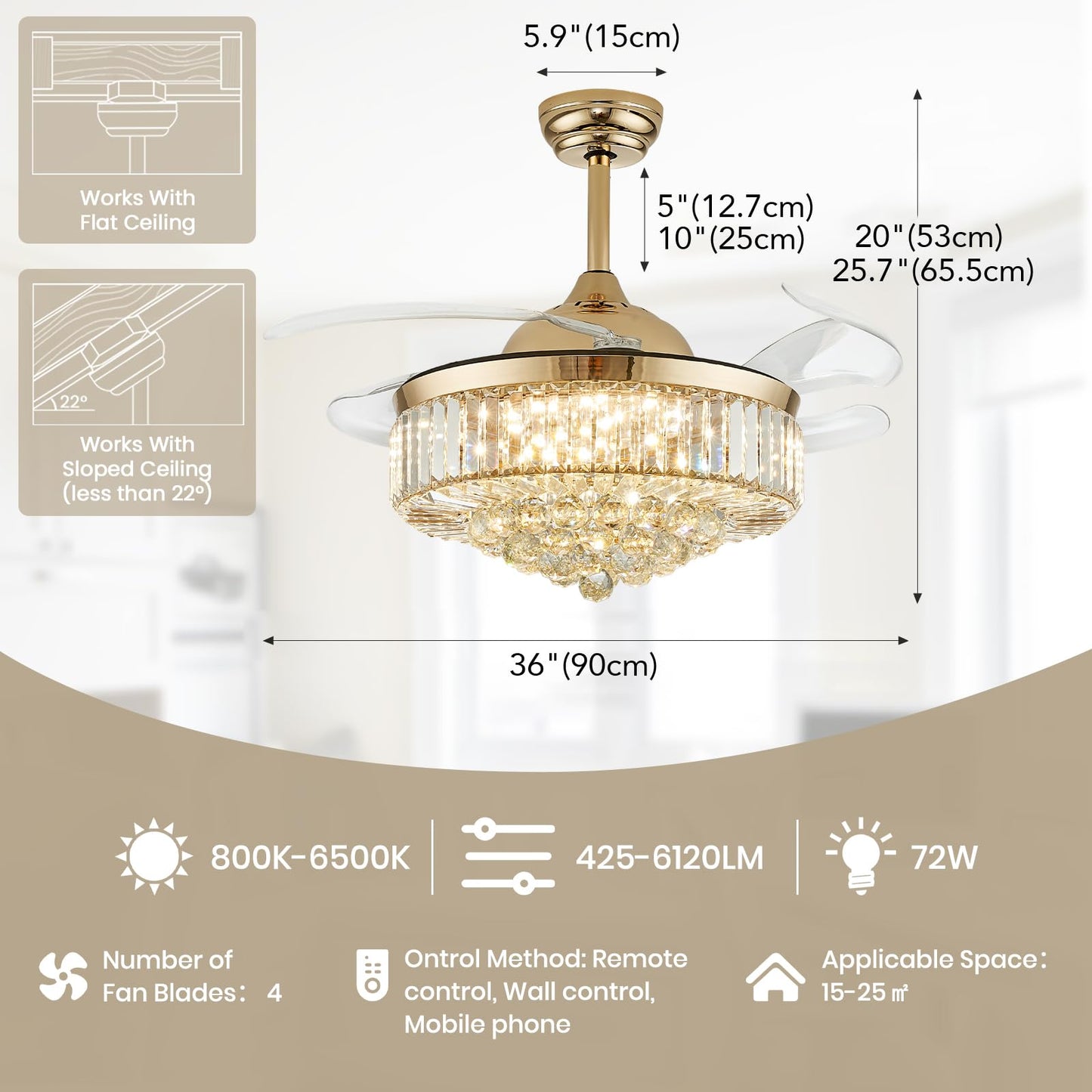 36 in. Indoor Gold Downrod Mount Retractable Crystal Ceiling Fan Chandelier Fandelier with Led Light Kit and Remote