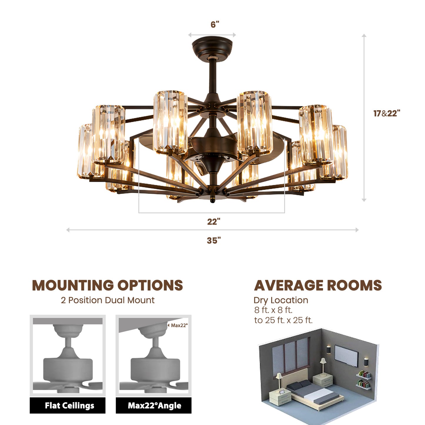 36 in 10-Light Modern Oiled Red Bronze Downrod Crystal Chandelier Ceiling Fan with Remote Control (without Bulbs)