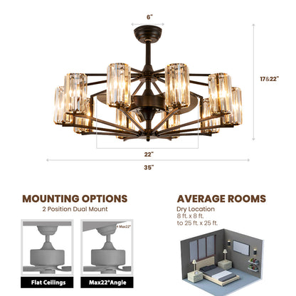 36 in 10-Light Modern Oiled Red Bronze Downrod Crystal Chandelier Ceiling Fan with Remote Control (without Bulbs)