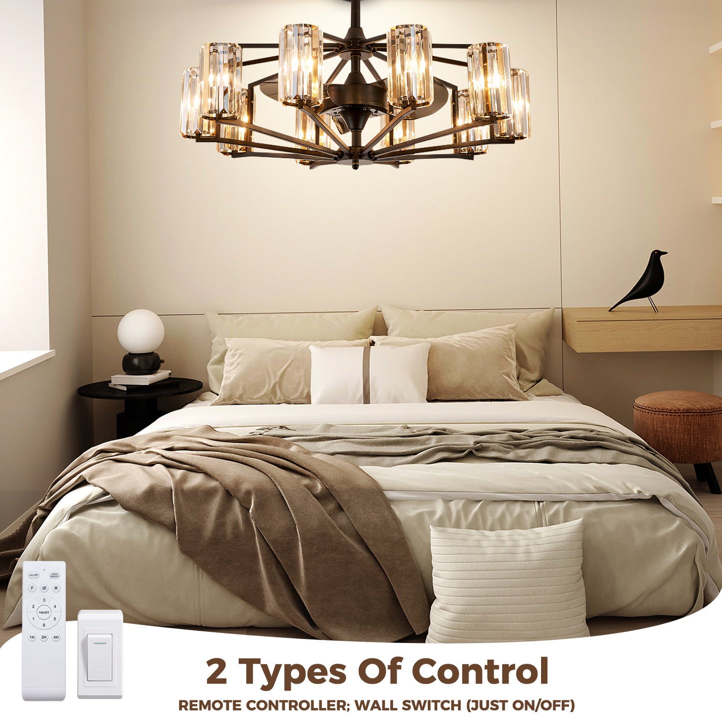 36 in 10-Light Modern Oiled Red Bronze Downrod Crystal Chandelier Ceiling Fan with Remote Control (without Bulbs)
