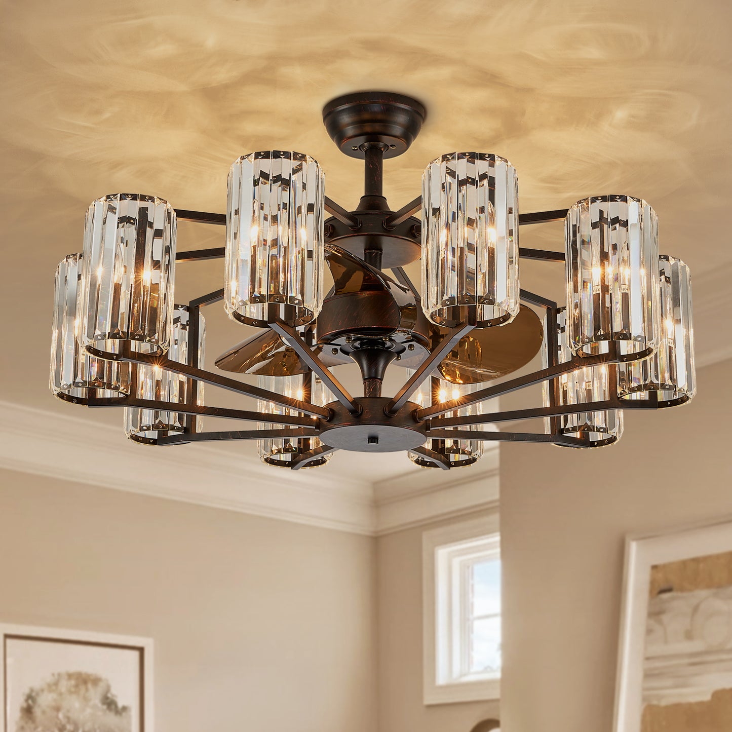 36 in 10-Light Modern Oiled Red Bronze Downrod Crystal Chandelier Ceiling Fan with Remote Control (without Bulbs)