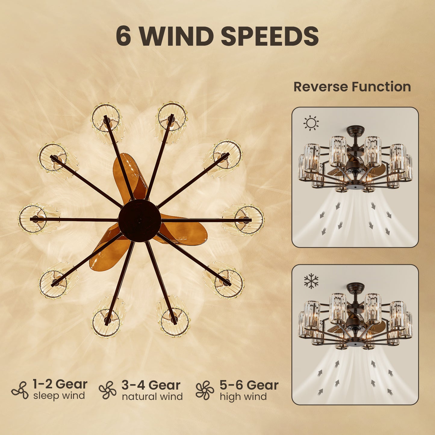 36 in 10-Light Modern Oiled Red Bronze Downrod Crystal Chandelier Ceiling Fan with Remote Control (without Bulbs)