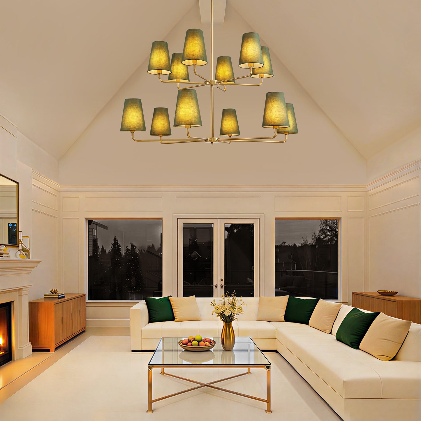 12-Light Dimmable Tiered Classic / Traditional Chandelier With Tapered Green Linen Fabric Shades