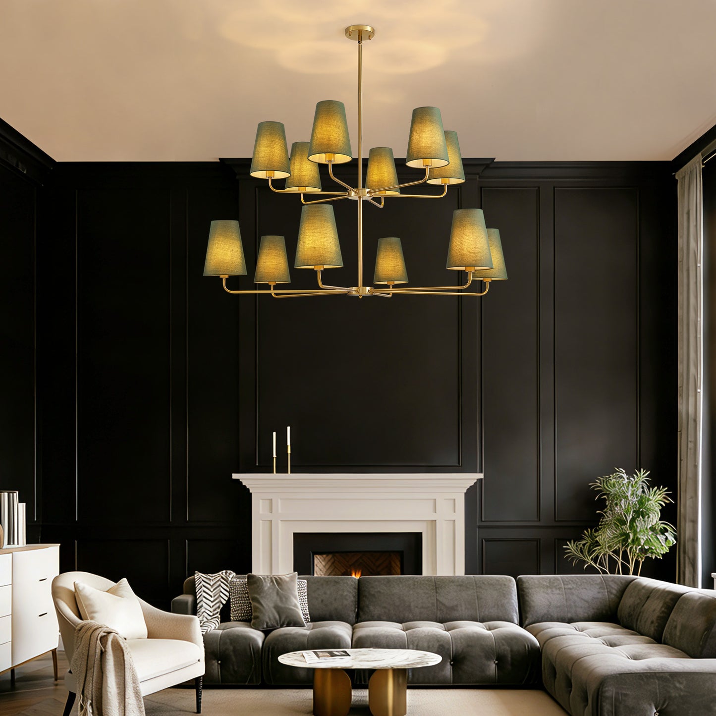 12-Light Dimmable Tiered Classic / Traditional Chandelier With Tapered Green Linen Fabric Shades