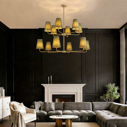 12-Light Dimmable Tiered Classic / Traditional Chandelier With Tapered Green Linen Fabric Shades