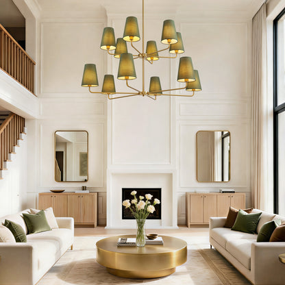 12-Light Dimmable Tiered Classic / Traditional Chandelier With Tapered Green Linen Fabric Shades