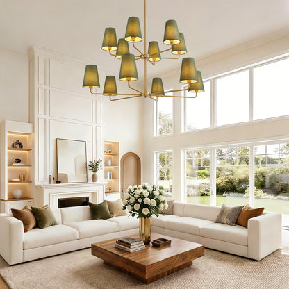12-Light Dimmable Tiered Classic / Traditional Chandelier With Tapered Green Linen Fabric Shades