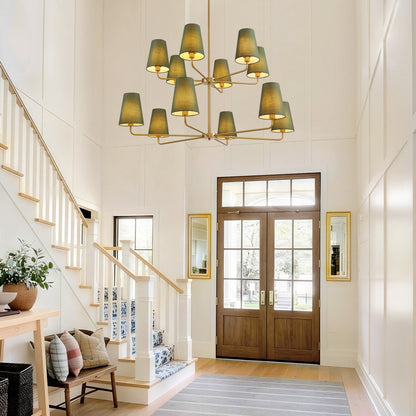 12-Light Dimmable Tiered Classic / Traditional Chandelier With Tapered Green Linen Fabric Shades