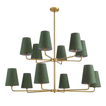 12-Light Dimmable Tiered Classic / Traditional Chandelier With Tapered Green Linen Fabric Shades