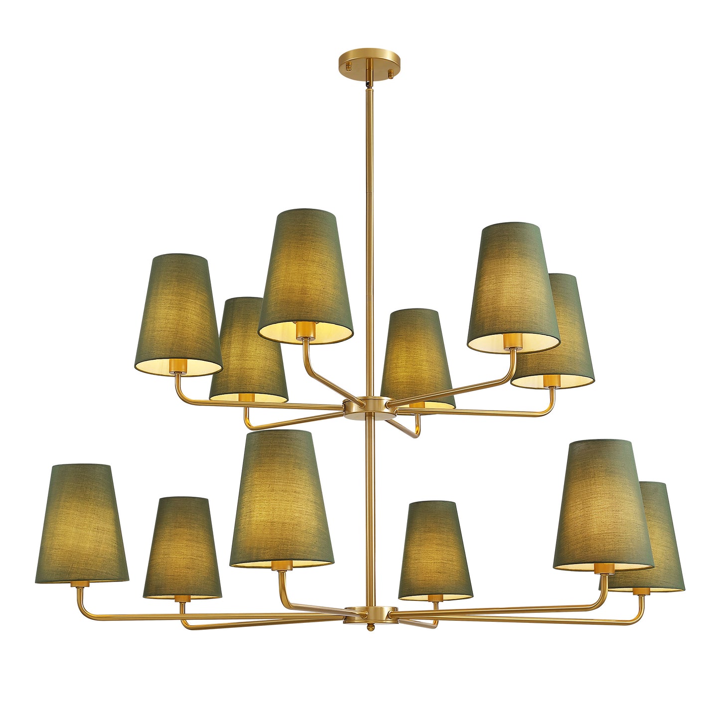 12-Light Dimmable Tiered Classic / Traditional Chandelier With Tapered Green Linen Fabric Shades