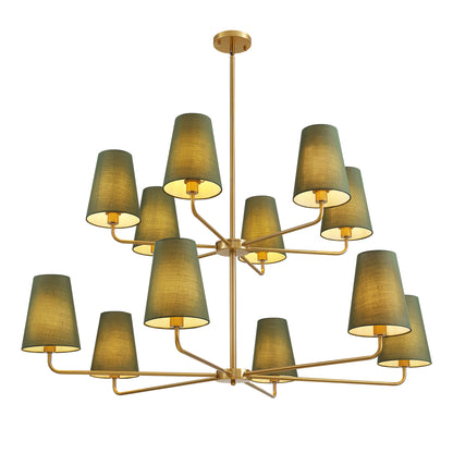 12-Light Dimmable Tiered Classic / Traditional Chandelier With Tapered Green Linen Fabric Shades