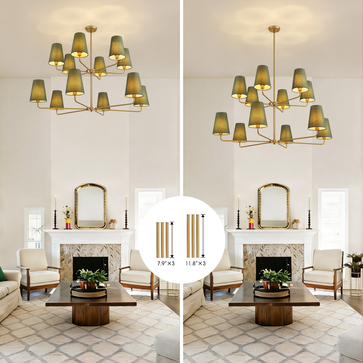 12-Light Dimmable Tiered Classic / Traditional Chandelier With Tapered Green Linen Fabric Shades