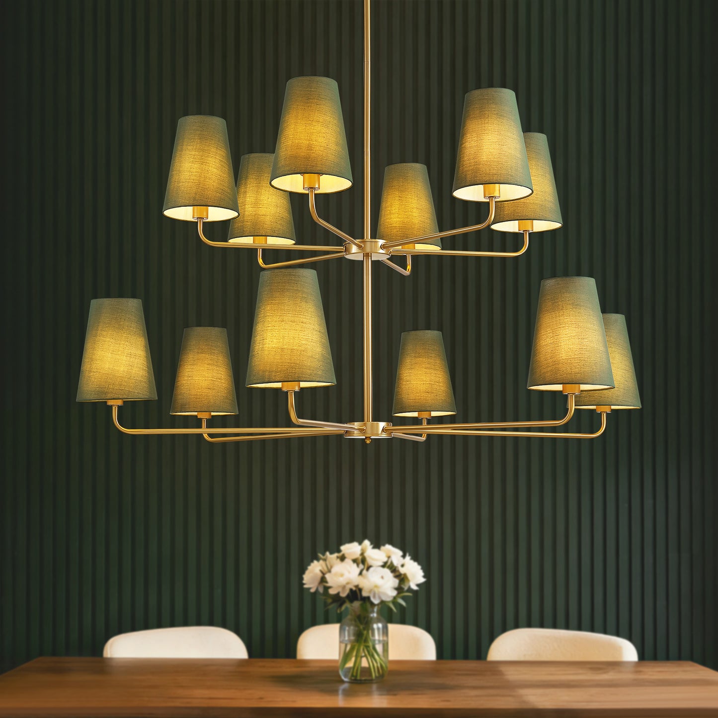 12-Light Dimmable Tiered Classic / Traditional Chandelier With Tapered Green Linen Fabric Shades