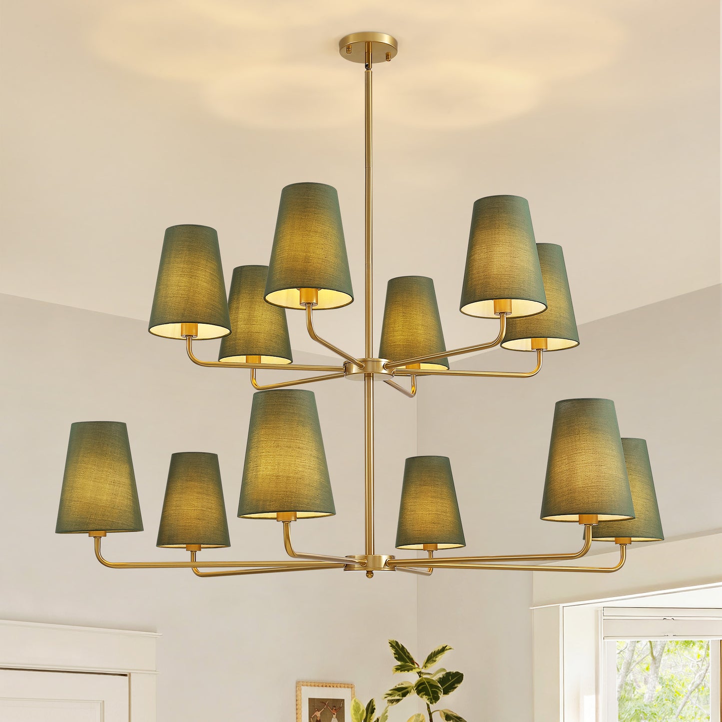 12-Light Dimmable Tiered Classic / Traditional Chandelier With Tapered Green Linen Fabric Shades