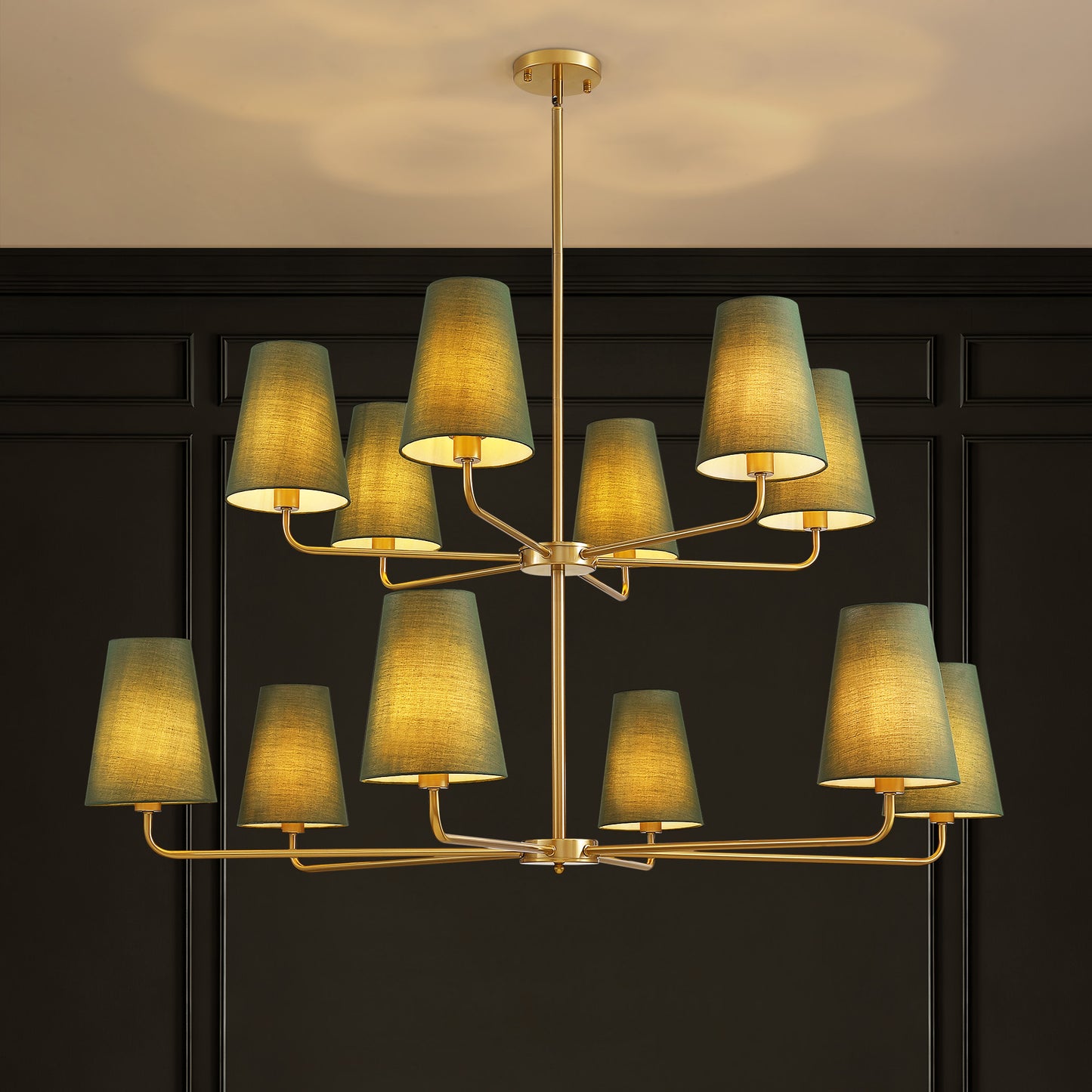 12-Light Dimmable Tiered Classic / Traditional Chandelier With Tapered Green Linen Fabric Shades