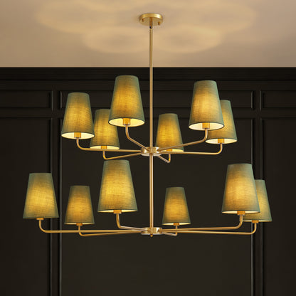 12-Light Dimmable Tiered Classic / Traditional Chandelier With Tapered Green Linen Fabric Shades