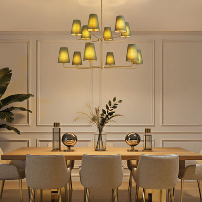 12-Light Dimmable Tiered Classic / Traditional Chandelier With Tapered Green Linen Fabric Shades