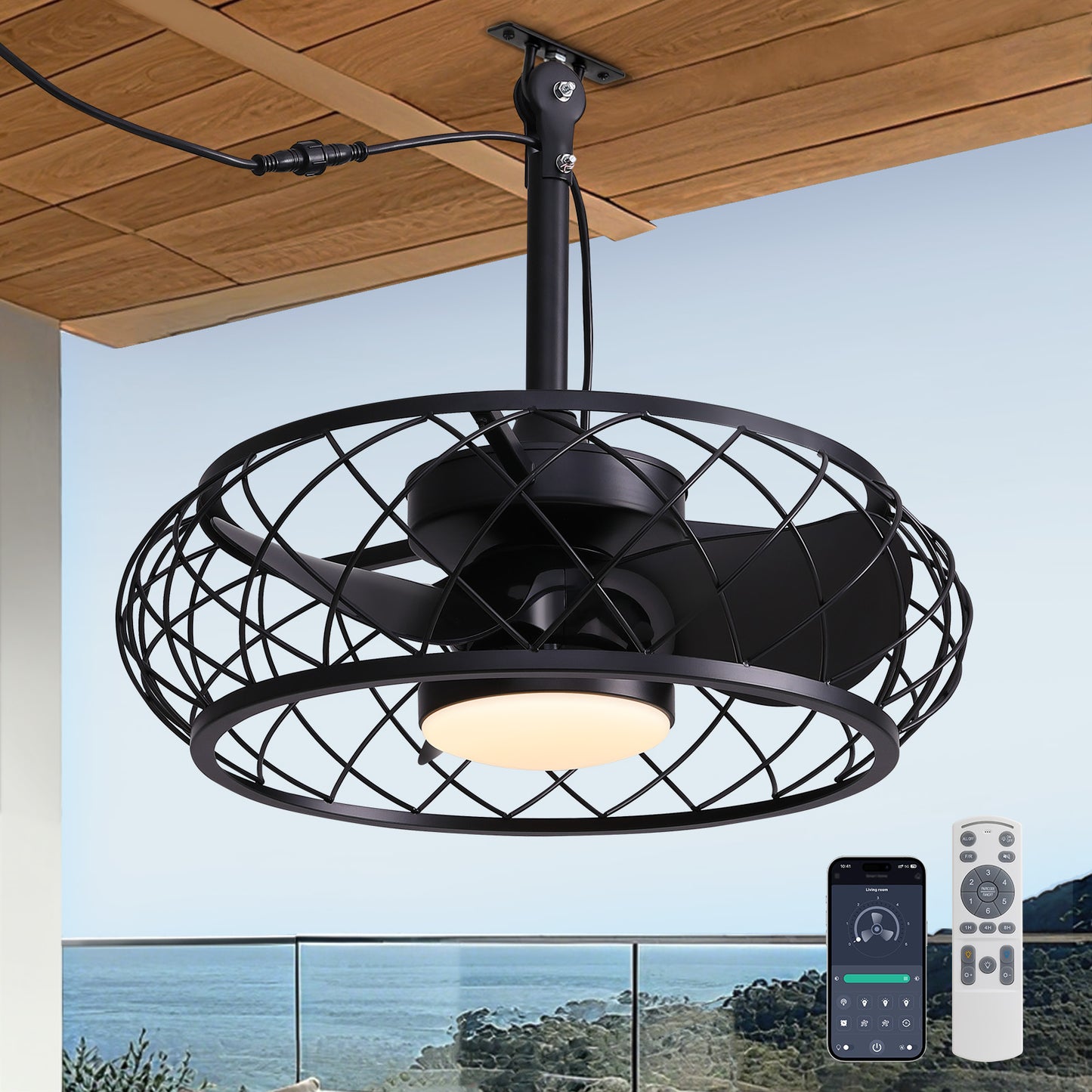 20in Indoor/Outdoor Black LED Waterproof Cage Ceiling Fan Light with Dimming and Timer (Includes Remote Control)