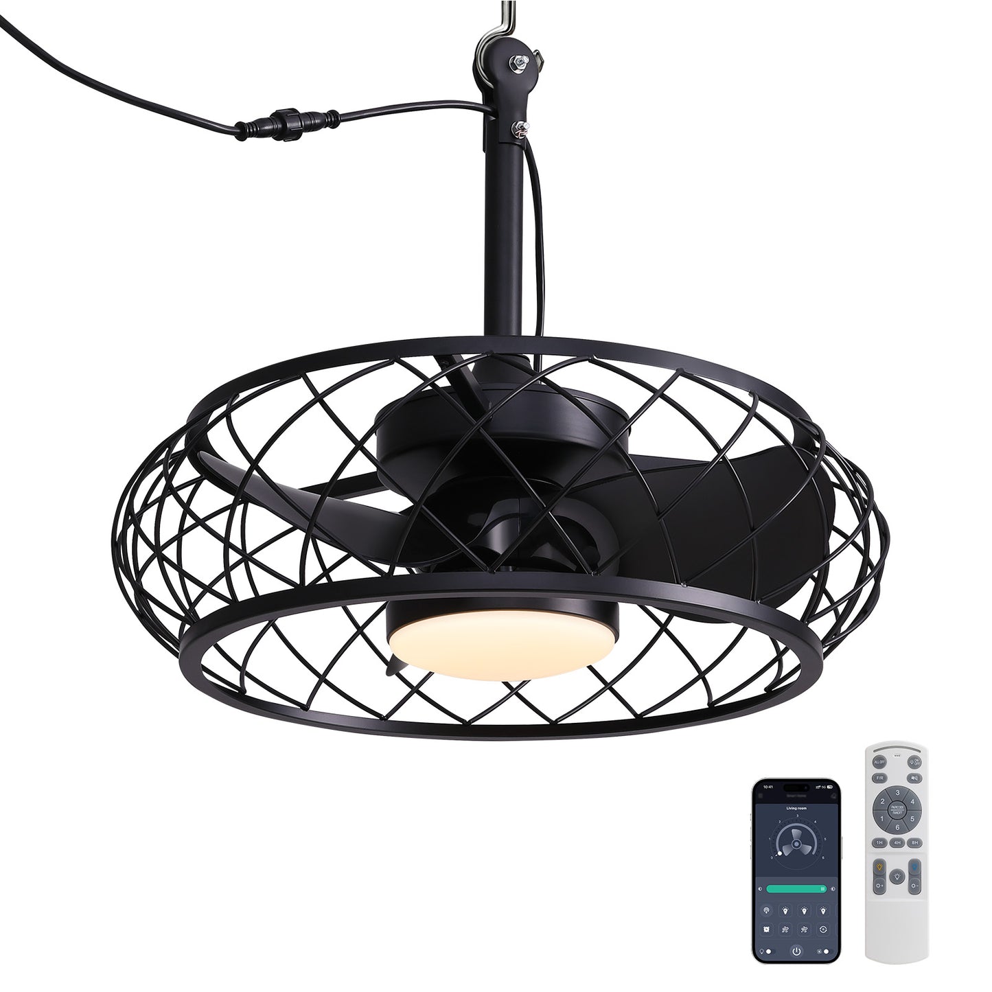 20in Indoor/Outdoor Black LED Waterproof Cage Ceiling Fan Light with Dimming and Timer (Includes Remote Control)
