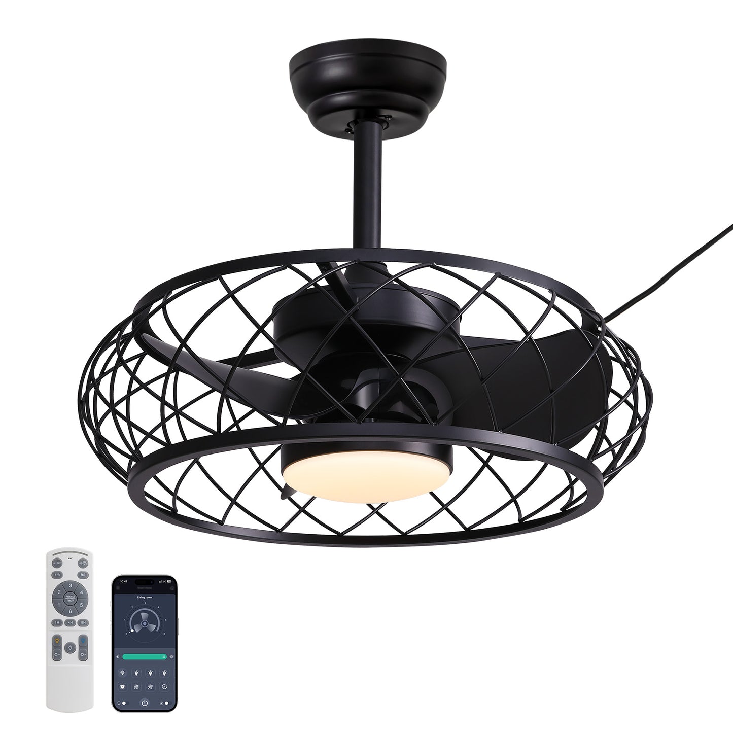 20in Indoor/Outdoor Black LED Waterproof Cage Ceiling Fan Light with Dimming and Timer (Includes Remote Control)