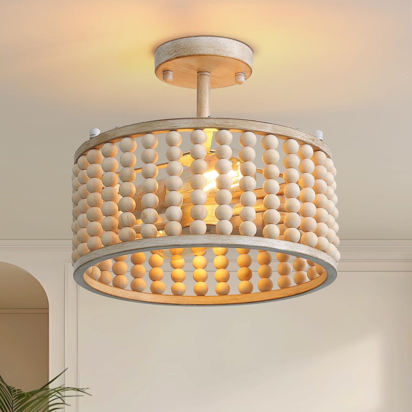 Boho Farmhouse 12.6 in. 2-Light Oak White Wood Beaded Chandelier Semi Flush Mount Ceiling Light
