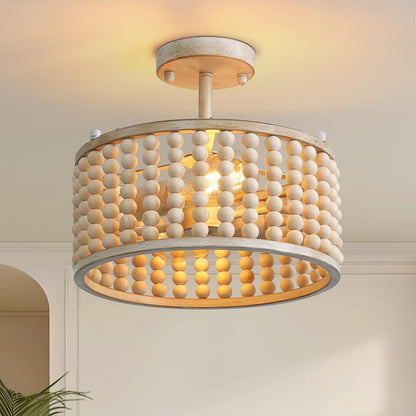 Boho Farmhouse 12.6 in. 2-Light Oak White Wood Beaded Chandelier Semi Flush Mount Ceiling Light