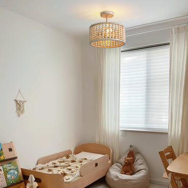 Boho Farmhouse 12.6 in. 2-Light Oak White Wood Beaded Chandelier Semi Flush Mount Ceiling Light