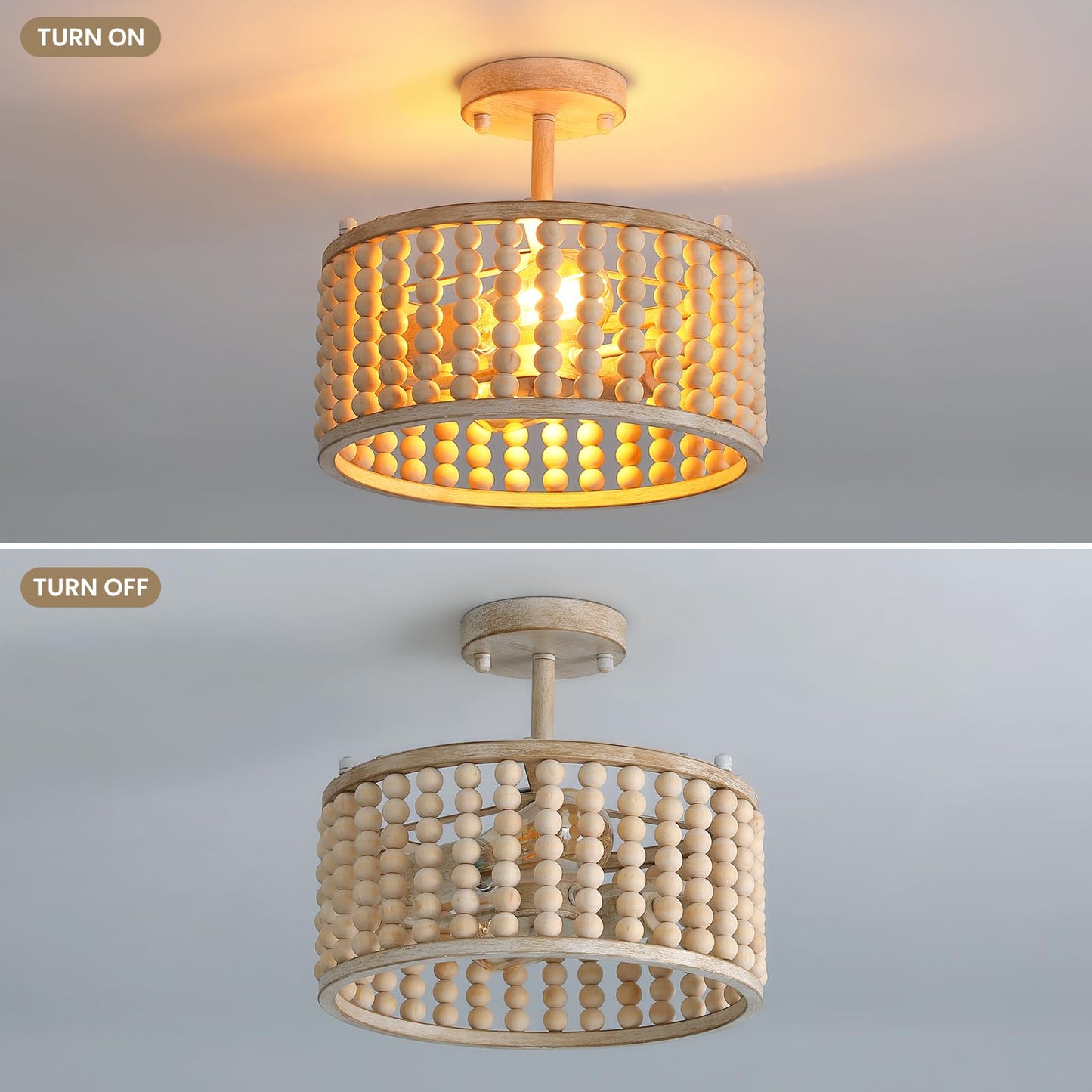 Boho Farmhouse 12.6 in. 2-Light Oak White Wood Beaded Chandelier Semi Flush Mount Ceiling Light