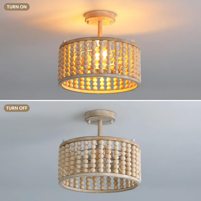 Boho Farmhouse 12.6 in. 2-Light Oak White Wood Beaded Chandelier Semi Flush Mount Ceiling Light