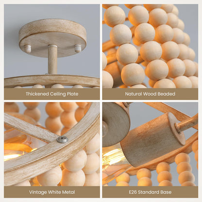 Boho Farmhouse 12.6 in. 2-Light Oak White Wood Beaded Chandelier Semi Flush Mount Ceiling Light