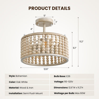 Boho Farmhouse 12.6 in. 2-Light Oak White Wood Beaded Chandelier Semi Flush Mount Ceiling Light
