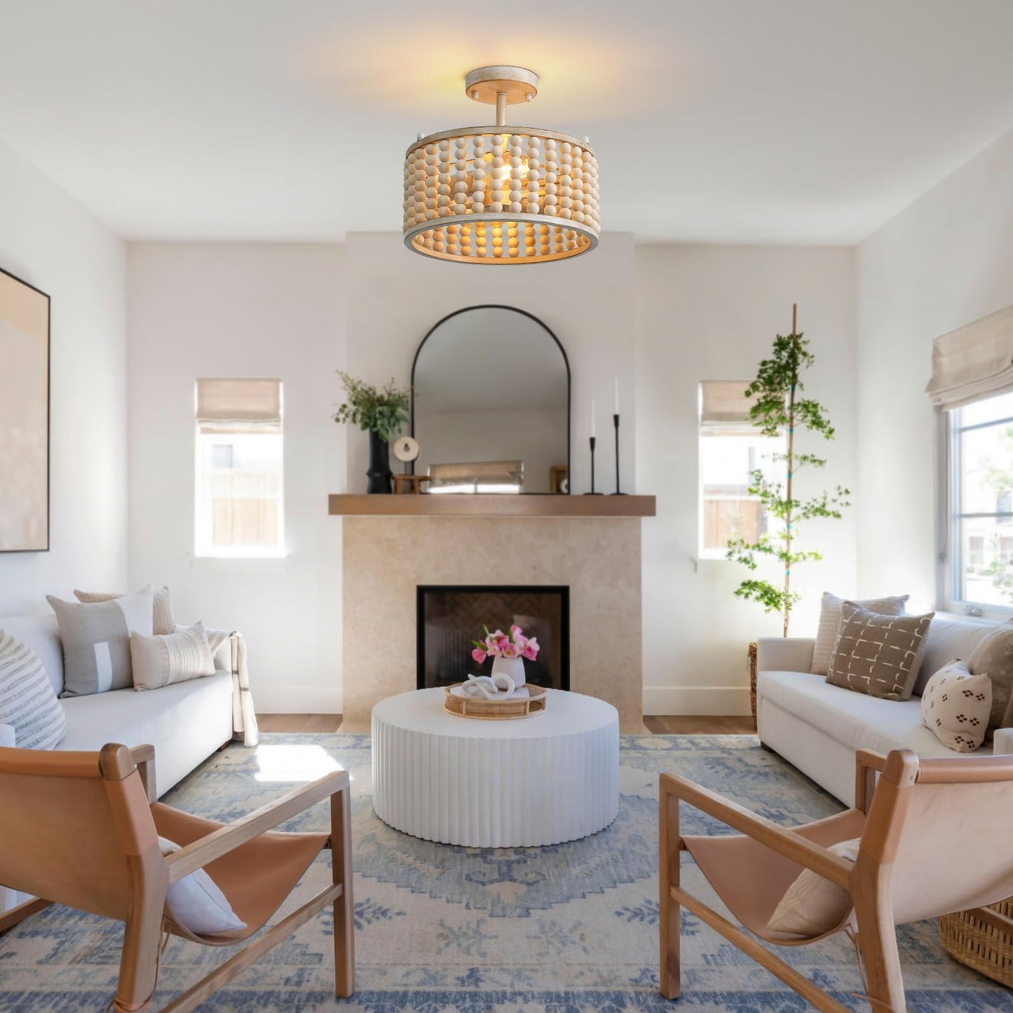 Boho Farmhouse 12.6 in. 2-Light Oak White Wood Beaded Chandelier Semi Flush Mount Ceiling Light