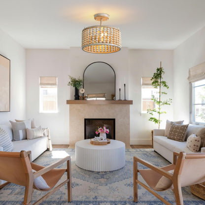 Boho Farmhouse 12.6 in. 2-Light Oak White Wood Beaded Chandelier Semi Flush Mount Ceiling Light