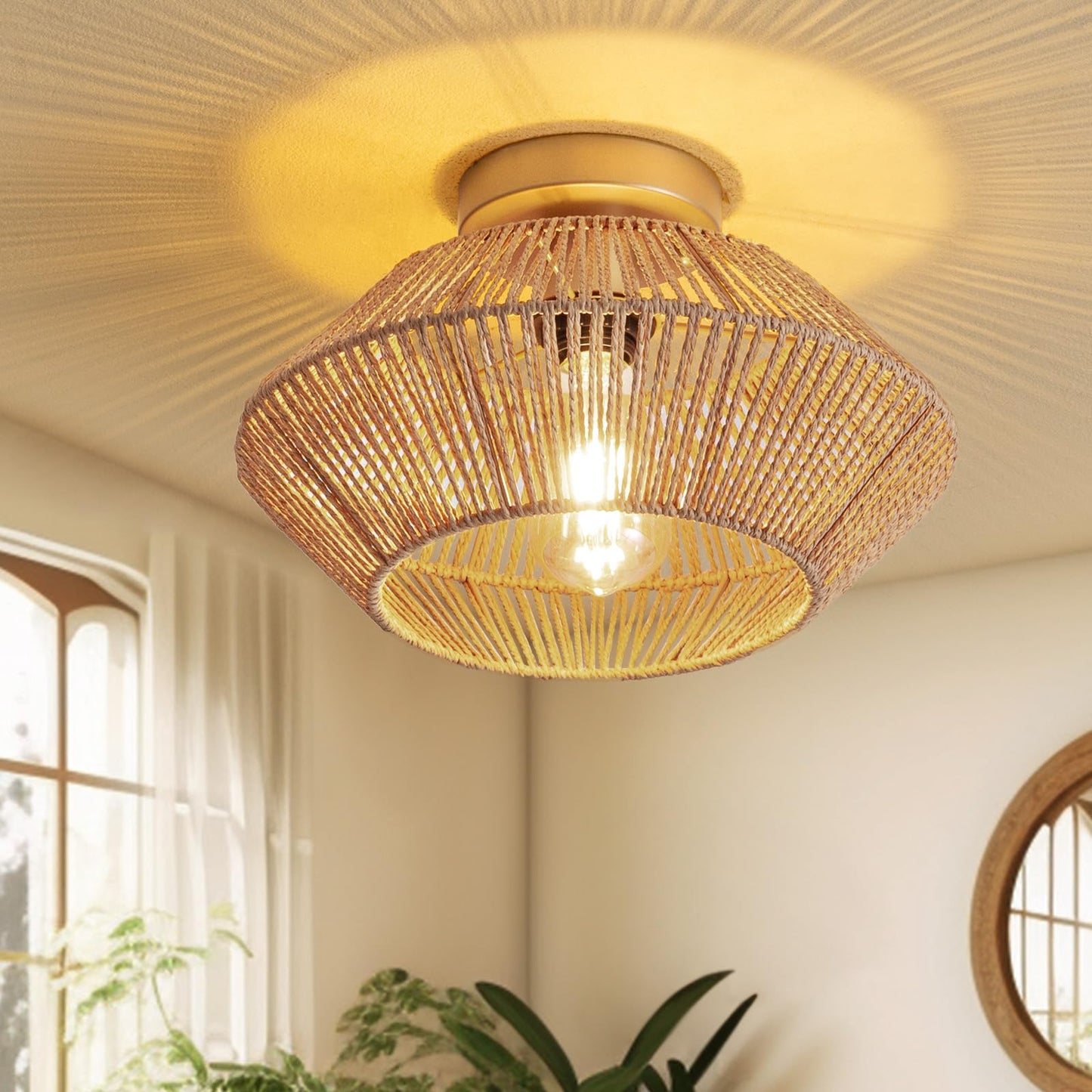 Boho Hand-Woven Rattan Flush Mount Ceiling Light - Gold