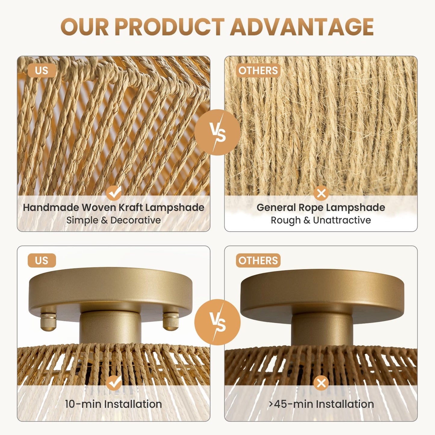Boho Hand-Woven Rattan Flush Mount Ceiling Light - Gold
