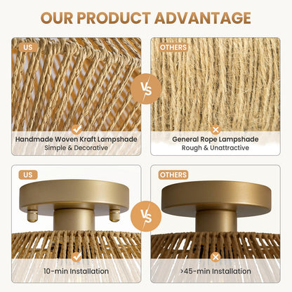 Boho Hand-Woven Rattan Flush Mount Ceiling Light - Gold