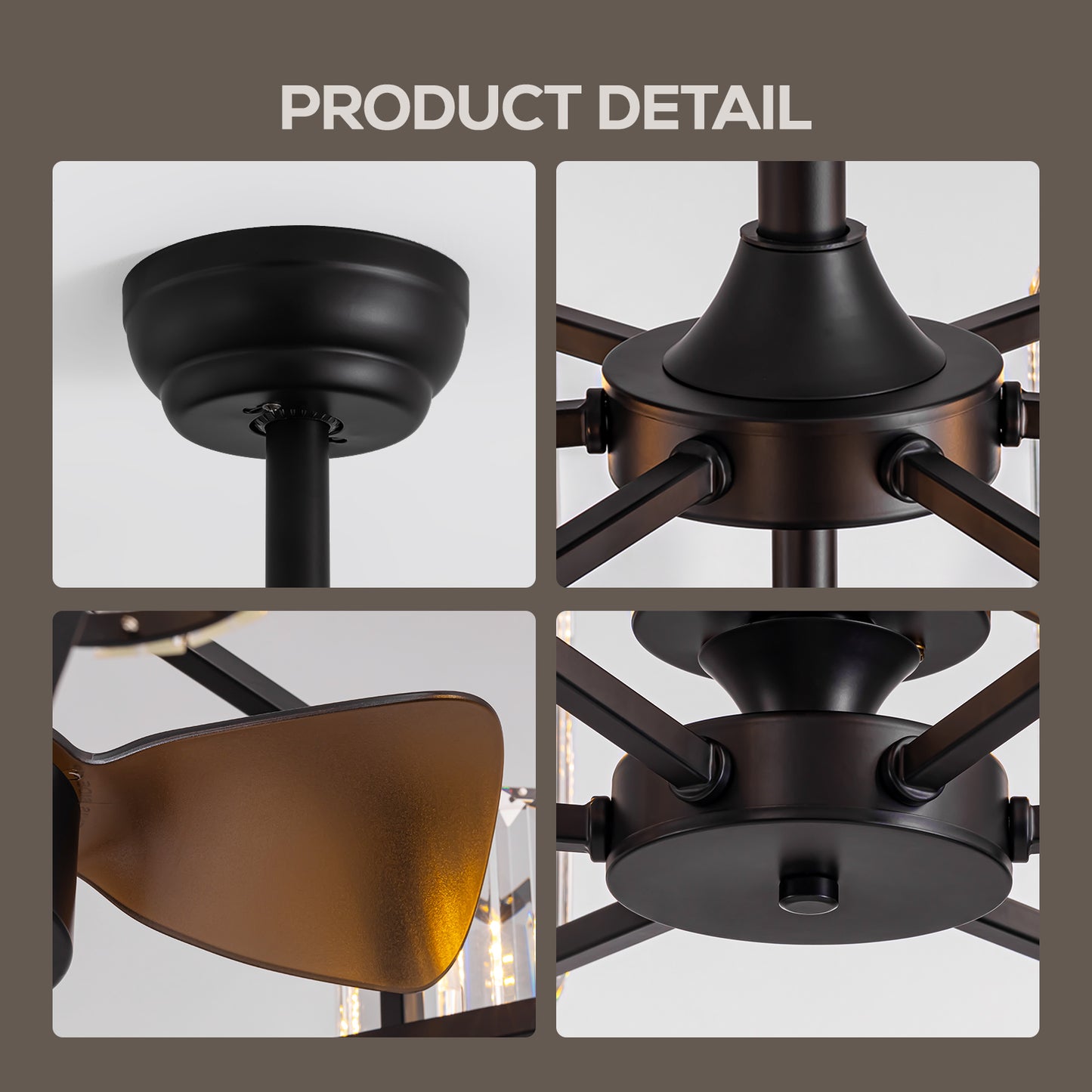 27in Crystal & Iron Ceiling Fan with ABS Blades, 3-Speed & 6-Light, Reversible