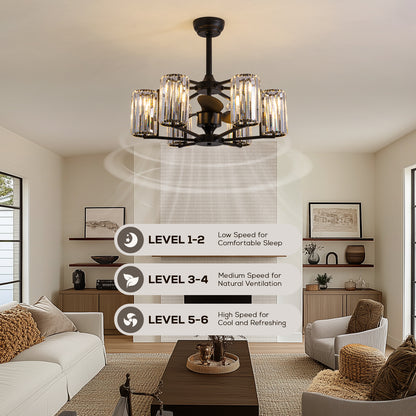 27in Crystal & Iron Ceiling Fan with ABS Blades, 3-Speed & 6-Light, Reversible