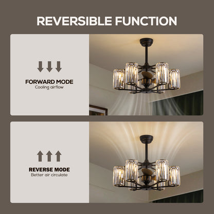 27in Crystal & Iron Ceiling Fan with ABS Blades, 3-Speed & 6-Light, Reversible