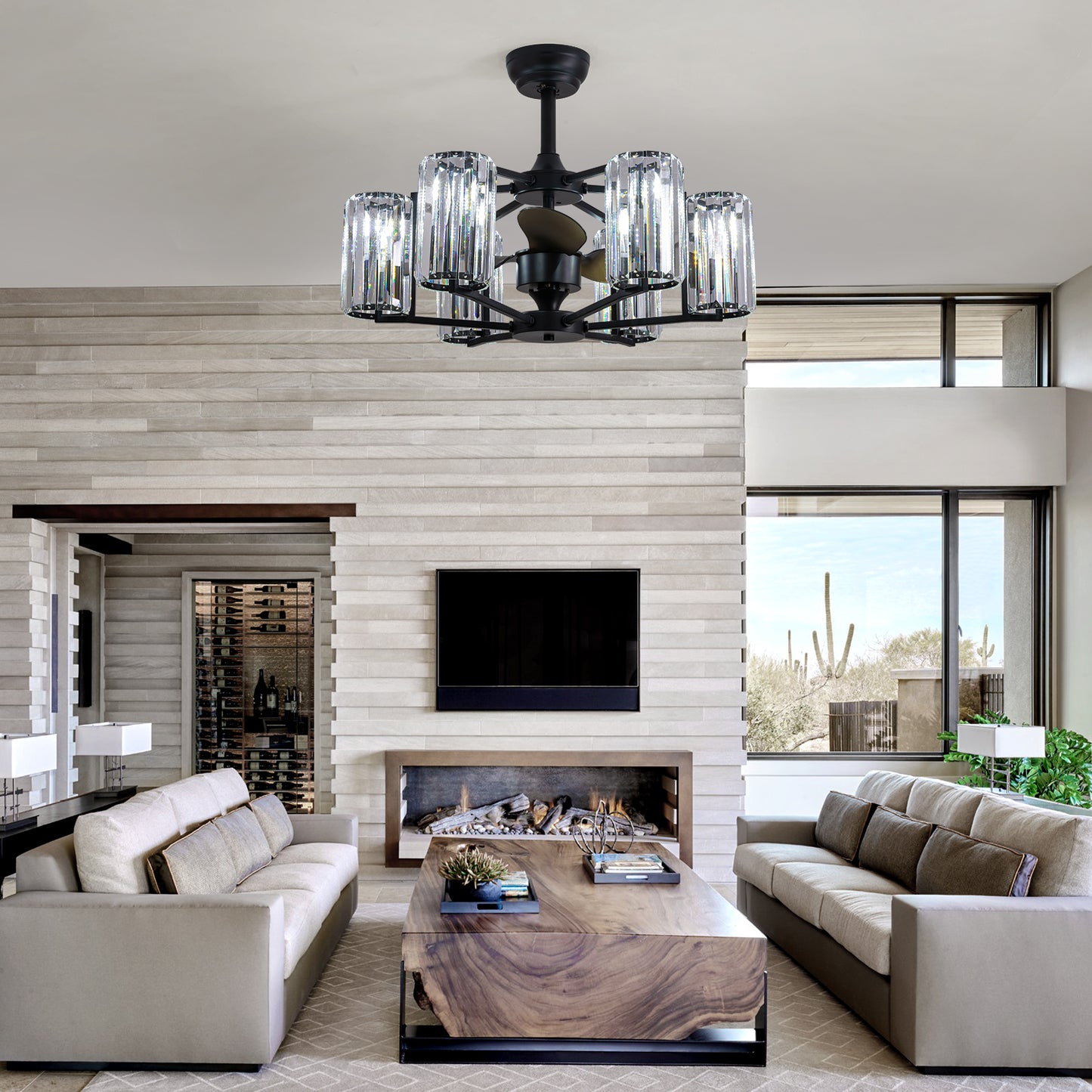 27in Crystal & Iron Ceiling Fan with ABS Blades, 3-Speed & 6-Light, Reversible