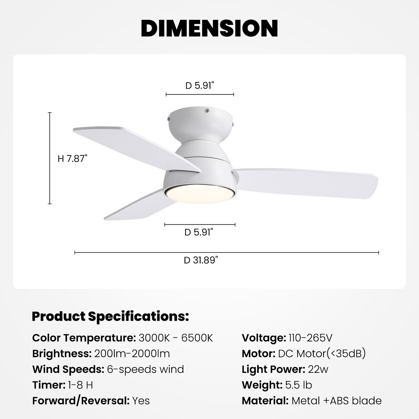32 in. Integrated LED Standard Smart Indoor Modern Matte White Flush Mount Ceiling Fan with Remote & App Control