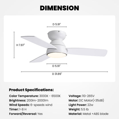 32 in. Integrated LED Standard Smart Indoor Modern Matte White Flush Mount Ceiling Fan with Remote & App Control