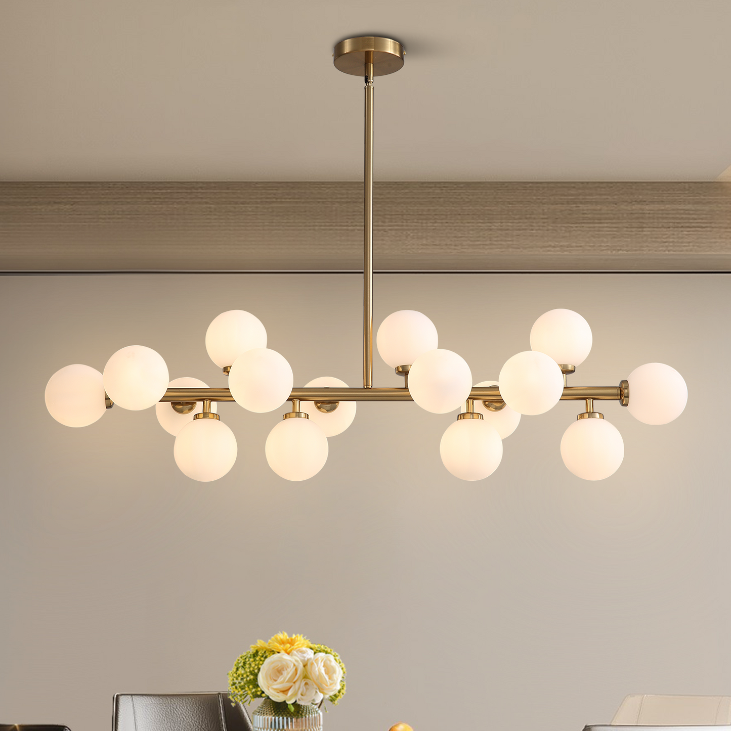 16-Light Mid Century Glass Chandelier 39" Modern Gold Linear Pendant Fixture No Bulb