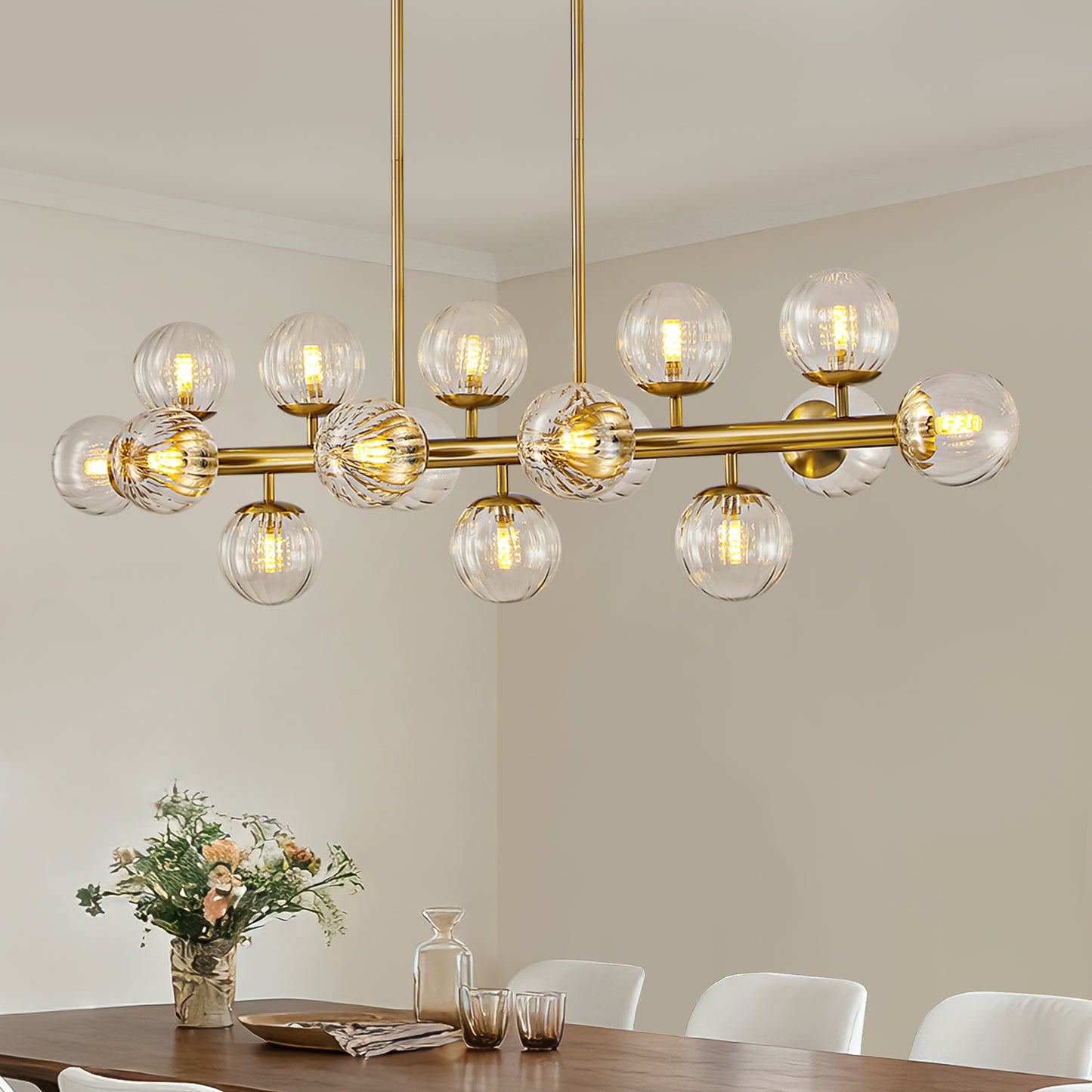 16 Lights Gold Rectangle Chandelier with Clear Glass Globes for Kitchen Island(No Bulbs Included)
