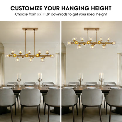 16 Lights Gold Rectangle Chandelier with Clear Glass Globes for Kitchen Island(No Bulbs Included)