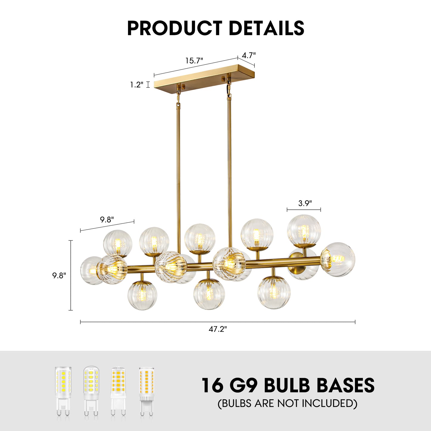 16 Lights Gold Rectangle Chandelier with Clear Glass Globes for Kitchen Island(No Bulbs Included)