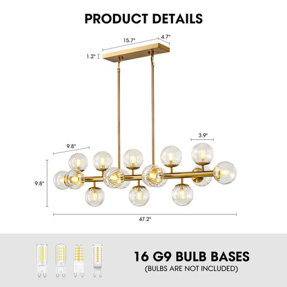 16 Lights Gold Rectangle Chandelier with Clear Glass Globes for Kitchen Island(No Bulbs Included)