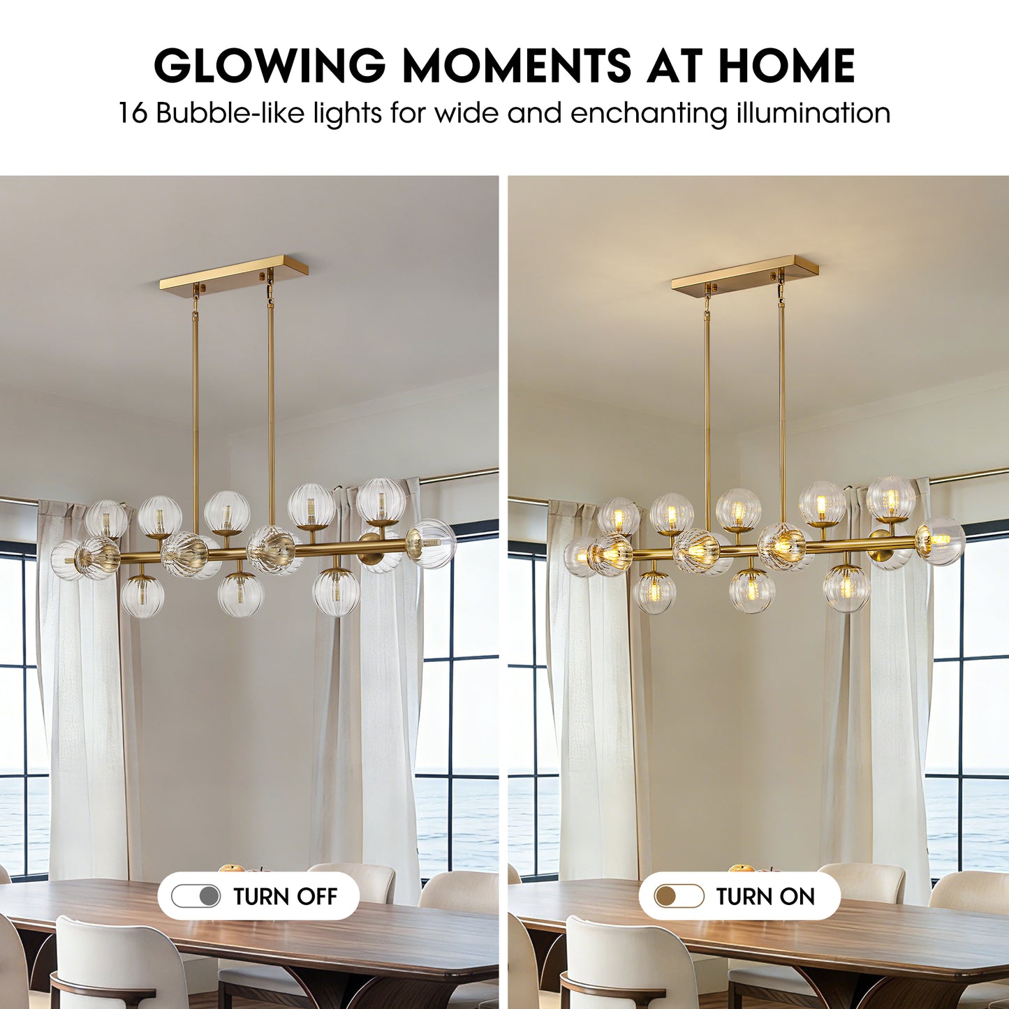 16 Lights Gold Rectangle Chandelier with Clear Glass Globes for Kitchen Island(No Bulbs Included)